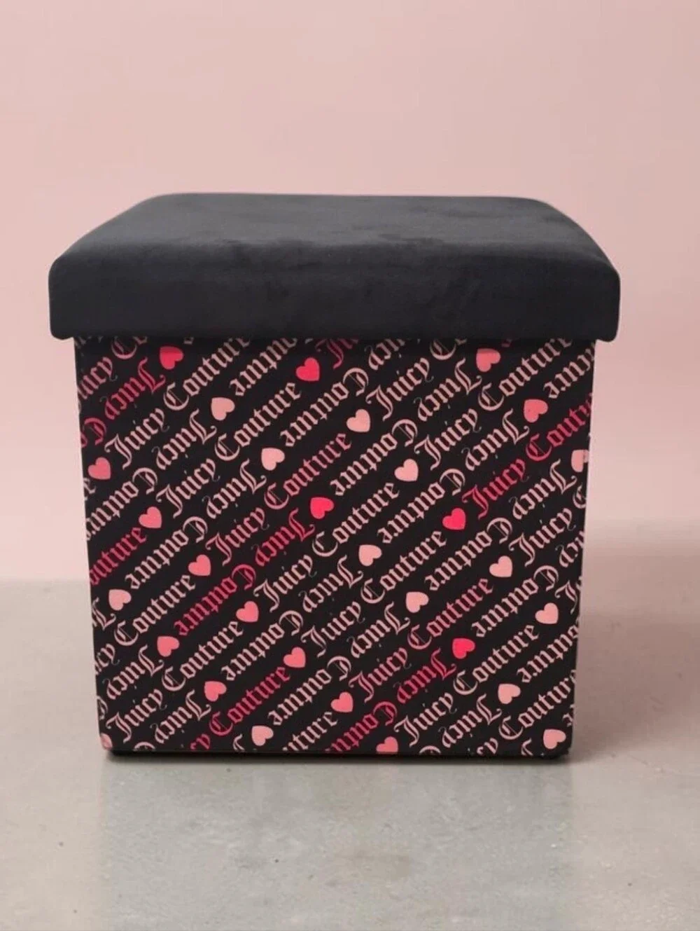 Juicy Couture Black Storage Ottoman with Pink Heart Logo Pattern